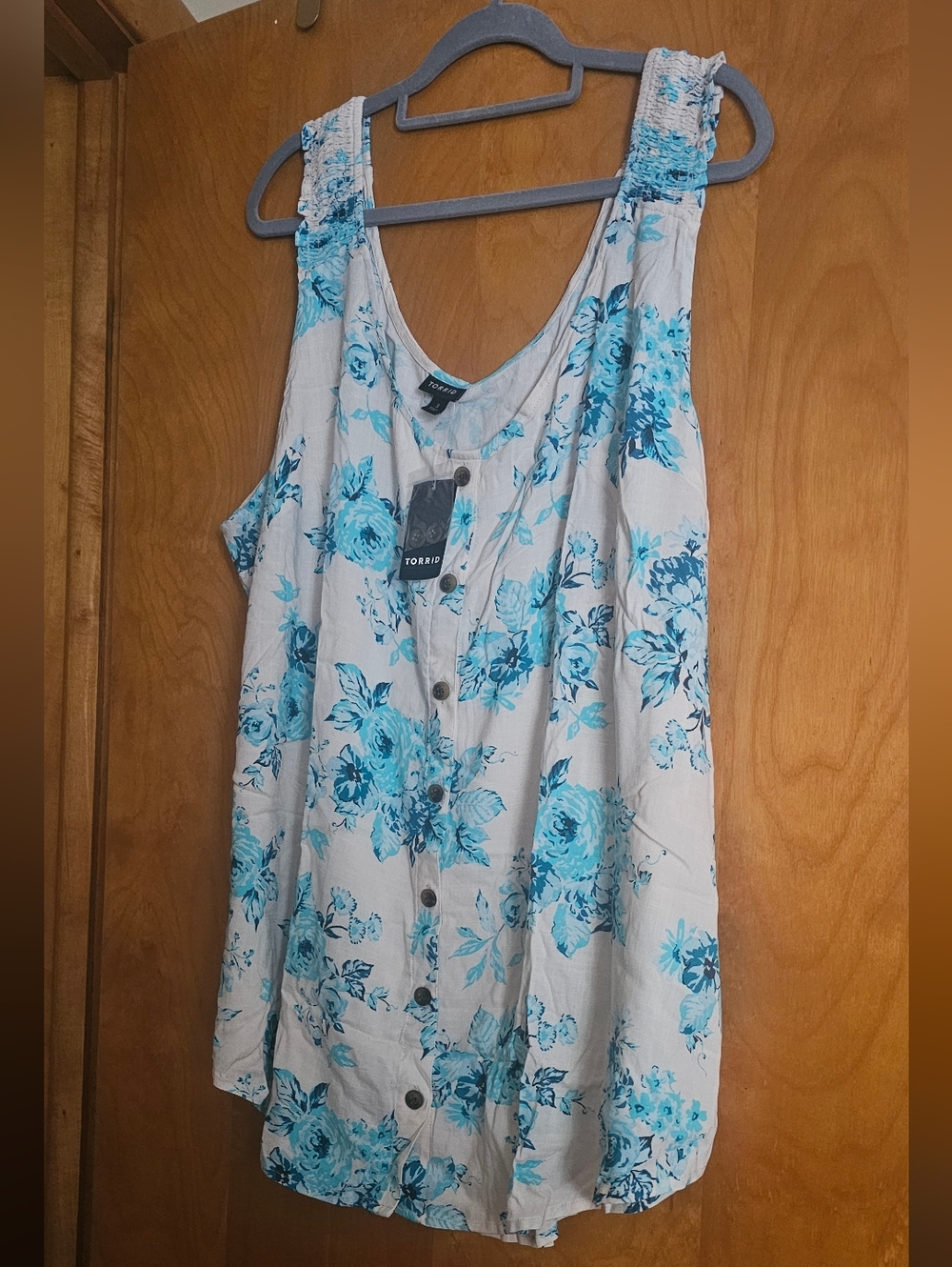 New Torrid‎ Blue Floral Smocked Sleeve Button Front Tank Cottagecore Women's 3X